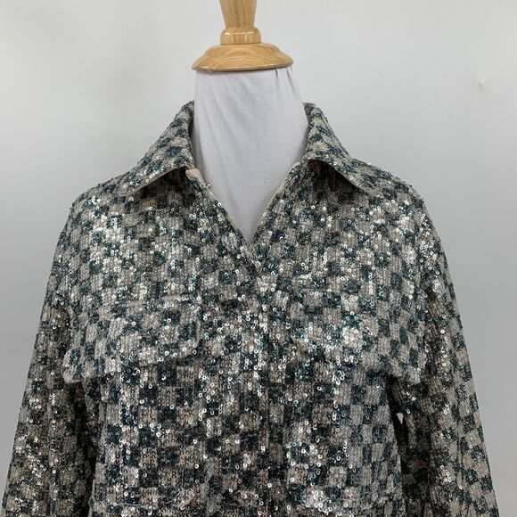 Steve Madden Jacket Womens XS Extra Large Andee Checkered Sequined Shacket - Picture 3 of 16